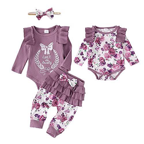 Image of KIMI BEAR Baby Girl Clothes Newborn Girl Outfits Ruffle Romper Pants Set Infant Baby Girl's Clothing 0-3 Months