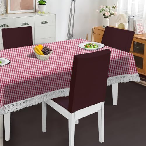 Image of The Furnishing Tree Waterproof PVC Rectangle Shaped 8 Seater Table Cover WxL 60x108 inches Pin Check Pattern Pink with White Border lace