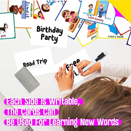 Kids Visual Schedule Calendar Chart, Daily Chore Routine Chart with 88 Double Sided Cards (77 Pre-Printed & 9 Dry Erase Blank Cards) Toys for Autistic Children Age 4-7 ADHD Tools (2 Metal Hooks) - Image 7