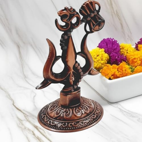 ARTISKRITI Shivji Trishul Damru and Aum Idol for Mandir, Shiva Idol Car Dashboard Decoration Items Statue Metal Showpiece for Pooja Room Home Decor (Copper)
