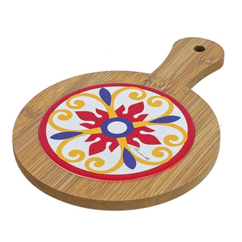 DLM-A347 Bomboniera utile Sottopentola Tagliere tondo in Legno e Ceramica decori maioliche cm 20x14 decorazioni con scatola Matrimonio Comunione Cresima Battesimo 18 Compleanno