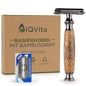 iQVita® Premium Rasierhobel mit Griff aus Bambus – inkl. 10 Rasierklingen – für Damen und Herren – Nassrasierer – geschlossener Kamm – Umweltfreundlich & Nachhaltig – Zero Waste – inkl. eBook
