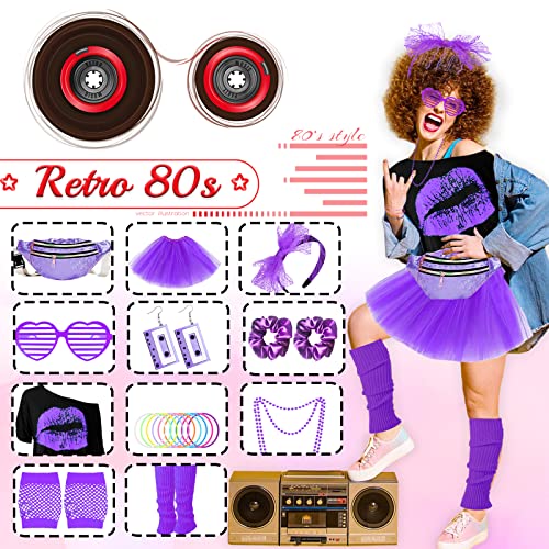 80s Costume Outfits Accessories Set for Women 1980s Fancy Dress Party Kits with T-shirt Tutu Bumbag Headband Earring Necklace Fishnet Gloves Leg Warmers Glasses Bracelet Scrunchies for Women Dress up - Image 4