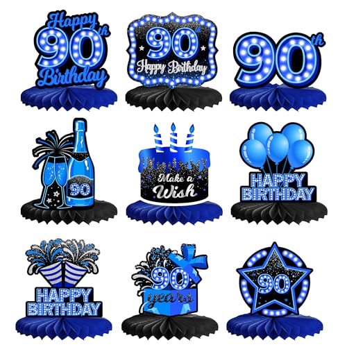 Décoration anniversaire 90 ans : lot de 9 centres de table bleu fluo