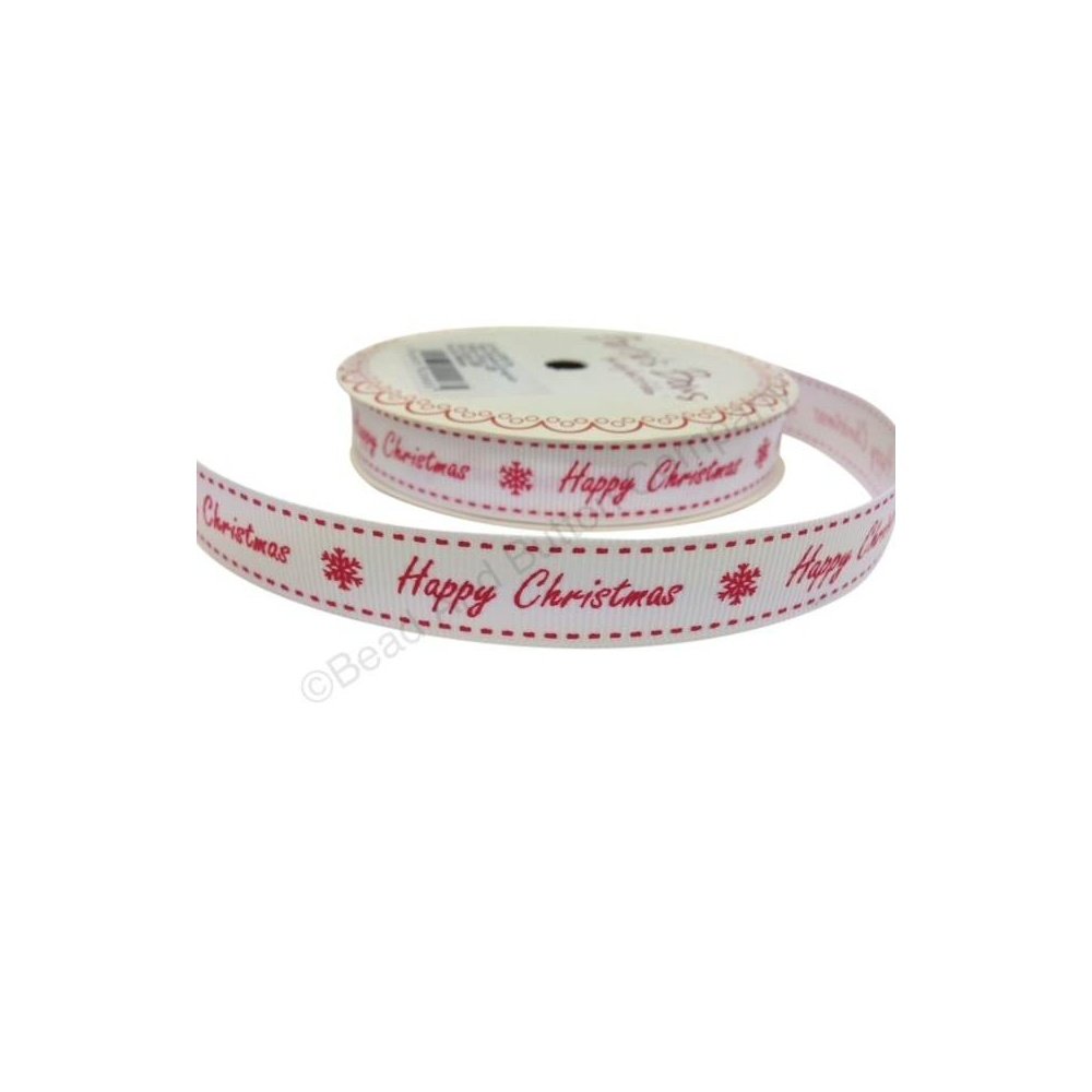 Bertie's Bows Happy Christmas 16mm White Grosgrain Ribbon on 3m Roll