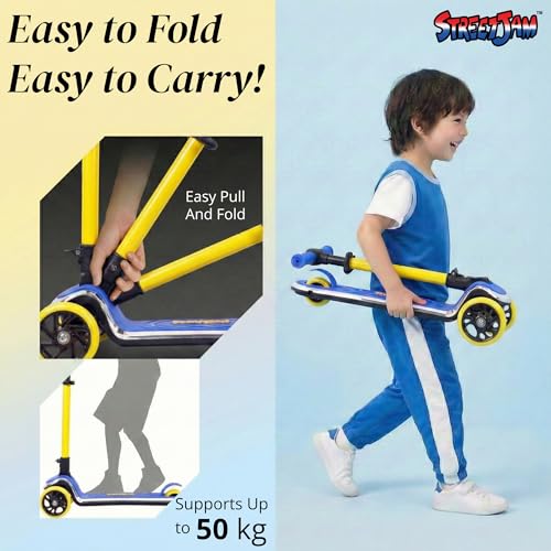 Image of STREETJAM Kurbee Kids Kick Scooter for 3-12 Years, Dazzling Chrome-Finished Deck (1st Time in India), BIS Approved, Extra Wide Deck, Two-Tone Design, Up to 50 kg Load (Blue with Golden Yellow)