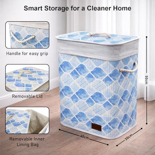 Image of Amazon Brand - Umi Rectangle Bamboo Laundry Basket for Clothes with Lid Geometric Printed Hamper | Eco-Friendly, Foldable & Lightweight Organizer (Blue, 40x30x50 cm, Pack of 1)