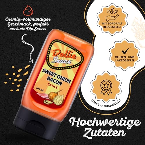 Dollie Sauce Sweet Onion Bacon, Holländische Sauce für BBQ, Grillen, Burger, Sandwich, Dip, Cremige Sauce mit süsslichen Zwiebeln und feinstem gerösteten Bacon Geschmack, 300ml
