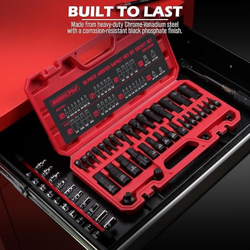 Image of Hex Bit Impact Socket Set: 36-Piece with 4 Adapters, 1 /4 inch 3 /8 inch 1 /2 inch Drive Master Allen Impact Socket Set, SAE and Metric, H5-H19 & 3 /4 inch-5 /64 inch, Heavy Duty Storage Case, Automotive Mechanic