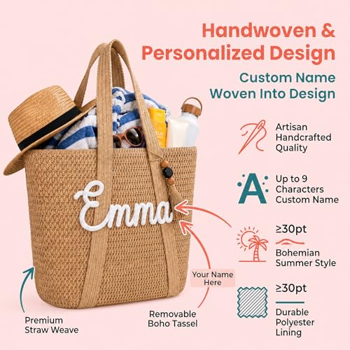 Bolsa grande de playa personalizada de paja para mujer miniatura 3