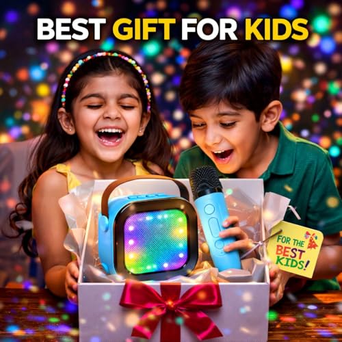 Image of Rechargeable Karaoke Mic with Speaker for Kids | Wireless Mini Portable Bluetooth Speaker, Microphone & LED Lights, Birthday Gift, Multicolor