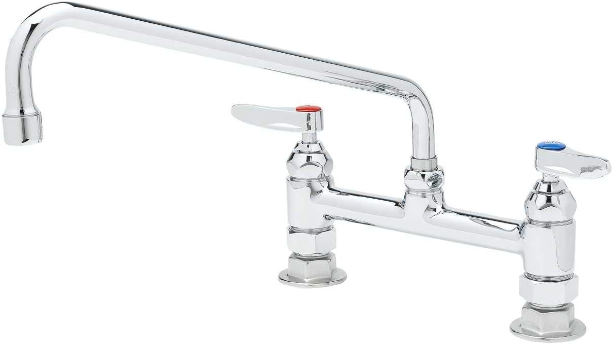 T&S Brass B-0221 Double Pantry Faucet, Deck Mount, 8" Centers, 12" Swing Nozzle (062X), Lever Handles, Silver