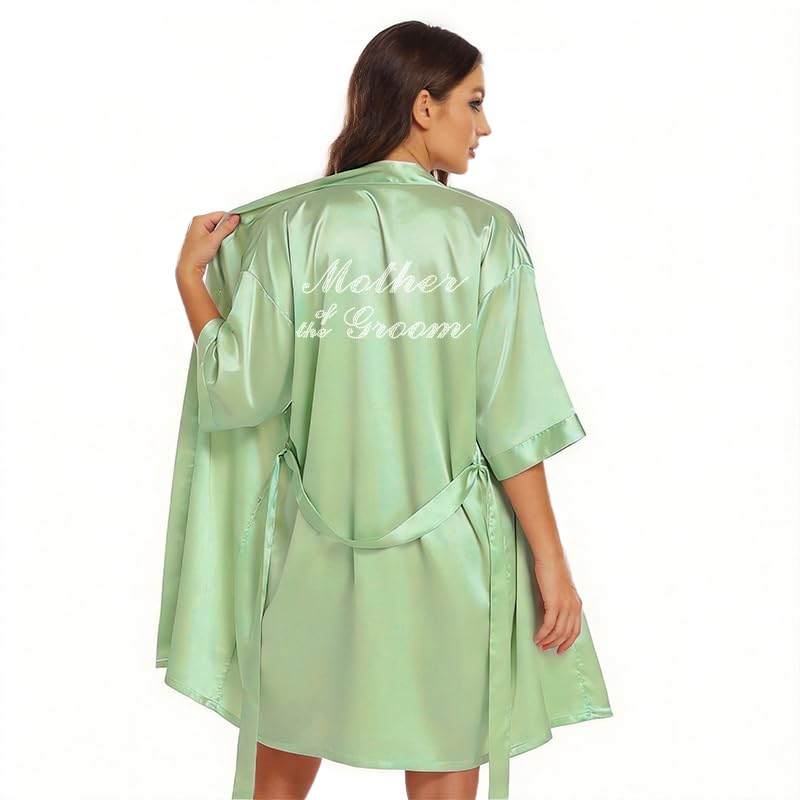 Image of Women's Bride Bridesmaid Robes Short Satin One Size Silver Rhinestones Wedding Party Getting Ready Sleepwear