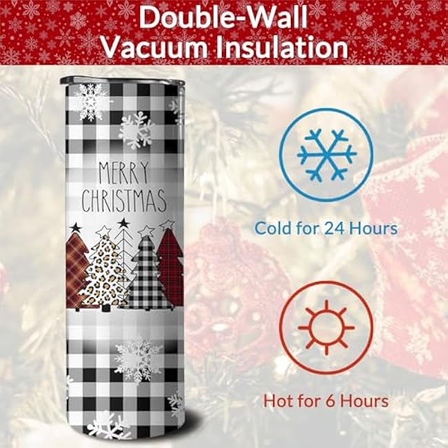 20 oz Christmas Skinny Tumblers with Lid and Straw, Buffalo Christmas Tree Stainless Steel Vacuum Insulated Travel Coffee Mug Cup Water Bottle, Christmas Decor Stuff Accessories Gifts for Women