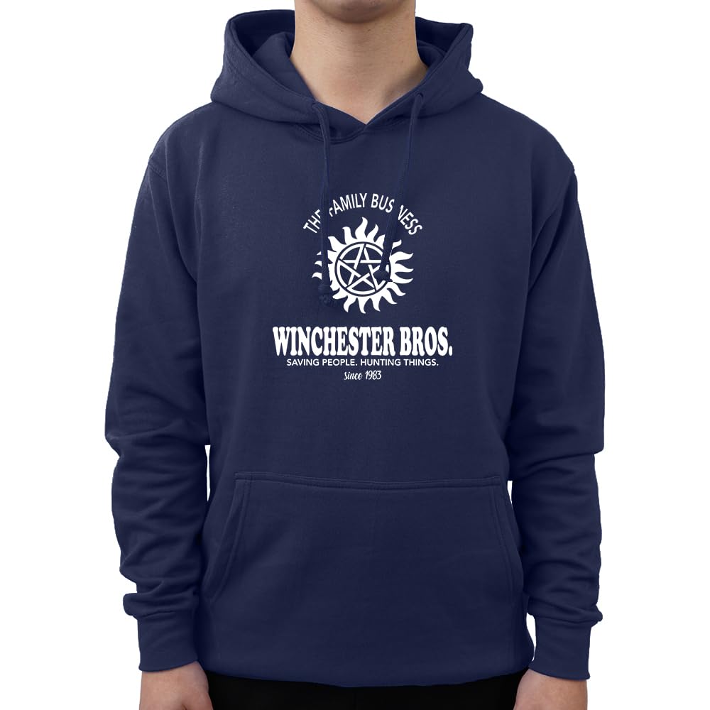 Graphic Impact Inspired The Family Business Winchester Bros Since 1983 Unisex Hoodie (Navy Blue, Small)