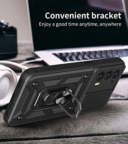 Image of Heavy Duty Back Case Cover for Moto Edge 20 5G, Shockproof Moto Edge 20 Back Cover, Ring Case with Kickstand and Camera Protection Shutter - Black