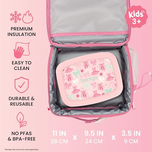Image of Bentgo Kids Prints Lunch Bag - Double-Insulated, Reusable, for Kids 3+, Adjustable Strap; Holds Lunch Box /Water Bottle /Snacks; Easy-Clean, Water-Resistant, Pockets (NEW Ballet & Bows)