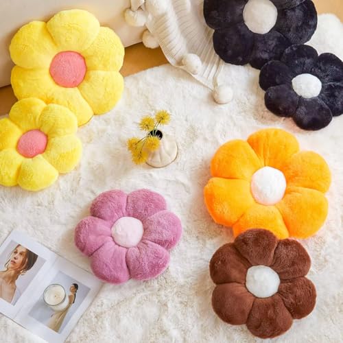 Image of Kcvvcr Brown Flower Pillow Cute Decorative Flower Throw Pillow with Faux Rabbit Fur 17.7 inch Soft Daisy Plush Floor Cushion Aesthetic Room Decor for Bed Sofa Couch