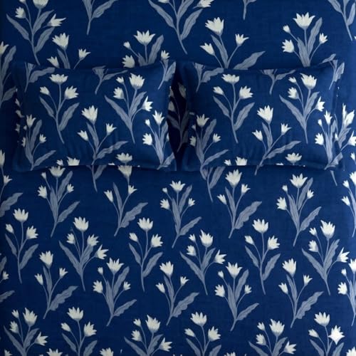 Image of Cotton Bolls Textiles Glace Cotton Flat Bedsheet 90x90 Inch with 2 Pillow Covers - Soft Breathable Glace Cotton, Printed Bedding Set for Double Bed