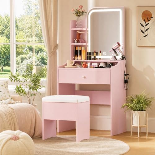 Image of LIKIMIO Small Vanity Desk with Storage Stool and Mirror Lights | Pink compact vanity featuring 3 lighting modes, acharging station, a storage drawer, 3 shelves and padded stool