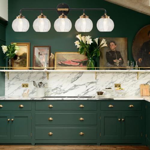 Image of Bathroom Vanity Light Large 27.2″ Long Clear Glass Wall Lamp 5-Light | Mid Century Modern Style Vanity Lights With 5.9Inch Clear Glass Shade E26 Base,Black Gold Finish,Over Mirror Bedroom Hallway