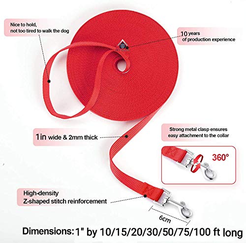 Image of Nylon Dog Training Lead Dog Leash Long Leash 30 Ft Long Leash for Dogs (1 inch Inch Thick) (Red, 30 FT)