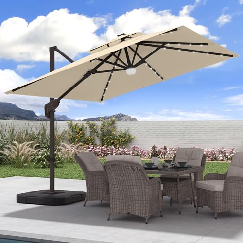 JZAC & QZYD 9x9 FT Outdoor Cantilever Patio Umbrella with Base Included and Solar LED Lights, Large Heavy Duty 2-Tier Square Aluminum Offset Umbrellas with 360-Degree Rotation for Pool Deck, Beige