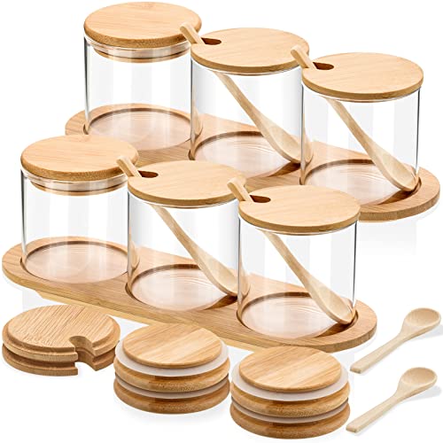 Tessco 2 Set Condiment Canisters Glass Seasoning Jars With Lids And Spoons Sugar Bowl Wooden Spice Box Glass Containers With Bamboo Lids Airtight Lids And Base For Kitchen Storage #TOP23