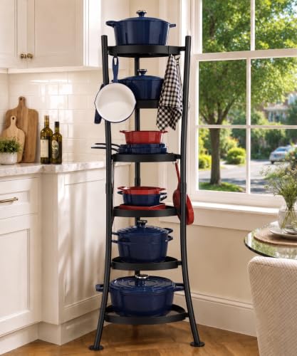 KES 264 Lbs Capacity Freestanding Pot Rack, 6-Tier Cast Iron Cookware Stand with 6 Hooks, Pots and Pans Storage Tower for Kitchen, Stable Base, Anti-tip Strap & Floor Protectors Black, KUR531S6-BK