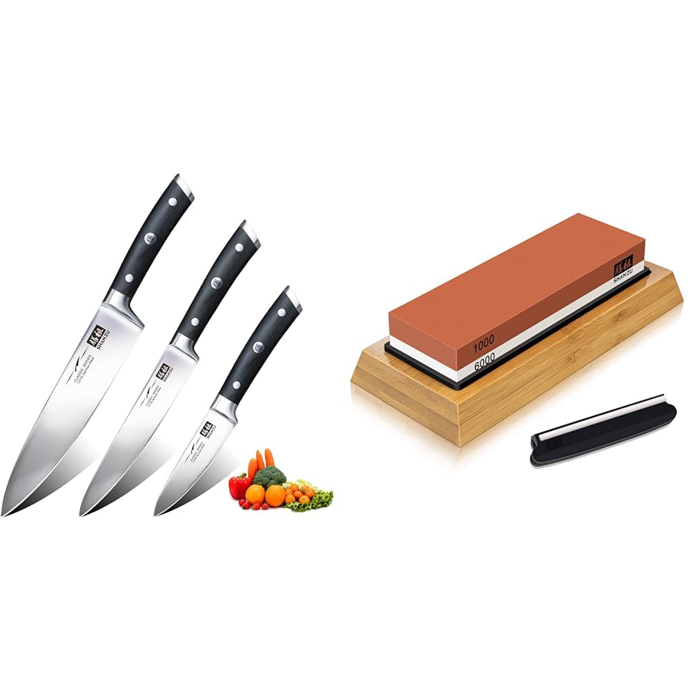 SHAN ZU Juego de 3 Piezas de Cuchillos de Cocina, de Chef de Acero Inoxidable Alemán & Piedra de Afilar Cuchillo de Piedra Afiladores Manuales 1000/6000 Grano