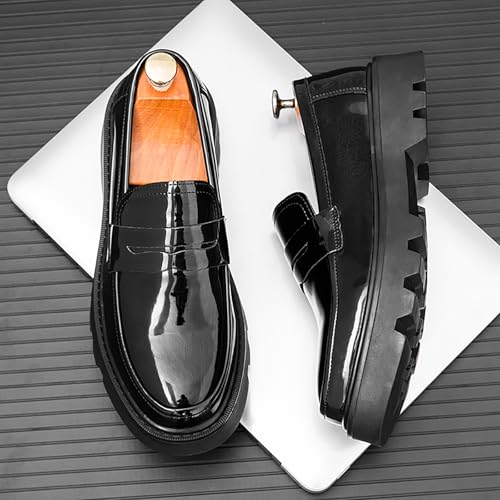 Men's Patent Leather Platform Penny Loafers Comfort Round Toe Chunky Heel Slip On Dress Shoes for Business Formal Work3