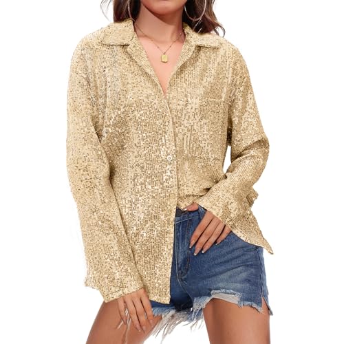 Zando Sequin Tops for Women Sequin Top Sparkly Tops for Women Sparkle Tops for Women Casual Party Club Button Down Shirt