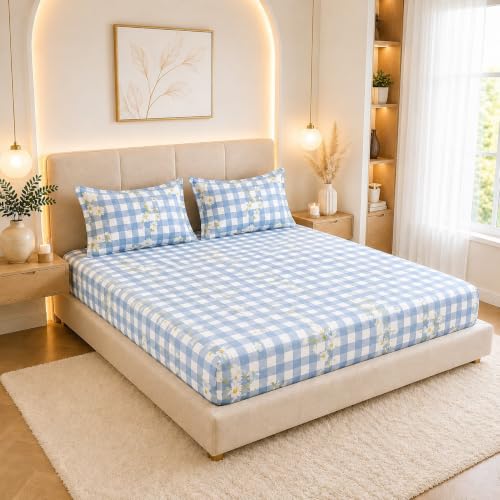 Image of THE HOME STYLE Supersoft Glace Cotton Elastic Fitted All Around King Size Printed Double Bedsheet with 2 Pillow Cover & King Size Comforter /Duvet /Blanket (72 inchx78 inch + Comforter, Daisy Check)
