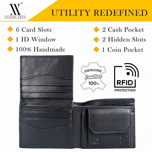 Men's RFID Blocking Leather Wallet- Bifold Wallet - Premium Napa Leather - 7 Card Slots ID Window Coin Pocket 2 Cash Compartments (Lion, Black)3