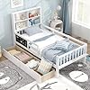 Giantex Twin Bed with 2 Storage Drawers Solid Wood Kids Bed Frame wBookcase Headboard Blackboard Full Length Guardrails Wooden Slats Support Twin Bed Frames for Kids Boys Girls White