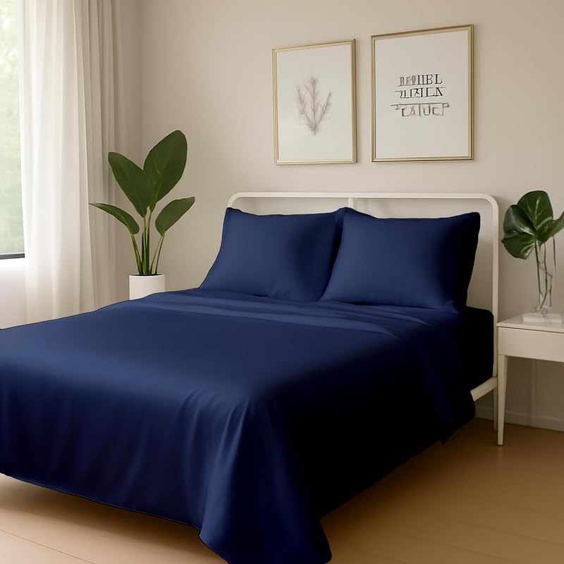 Image of Day Care-Luxury Satin Flat Double Bed (90x100 Inchs) Bedsheet|Ultra Soft Silky Smooth Touch|Breathable, Lightweight & Skin Friendly|Wrinkle Resistant|Navy Blue