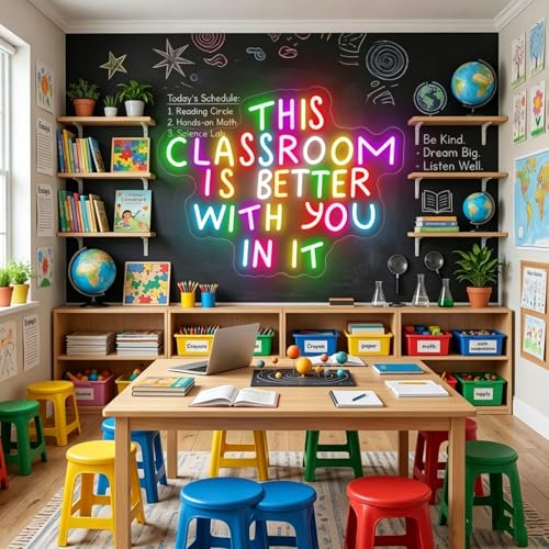 Image of This Classroom is Better With You In It Multicolor Neon Sign for Classroom Wall Decor USB Powered Neon Inspirational Teacher Sign for School Classroom Daycare Teachers Students Gift