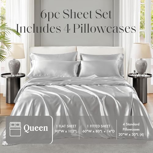 Image of Madison Park Essentials Satin Sheets Queen Size Bed Set, 6 Pcs, Light Grey | Luxury and Smooth Silky Bedding with Natural Sheen, All Around Elastic 14 inch Pocket fits up to 16 inch Mattress, Year-Round Cozy