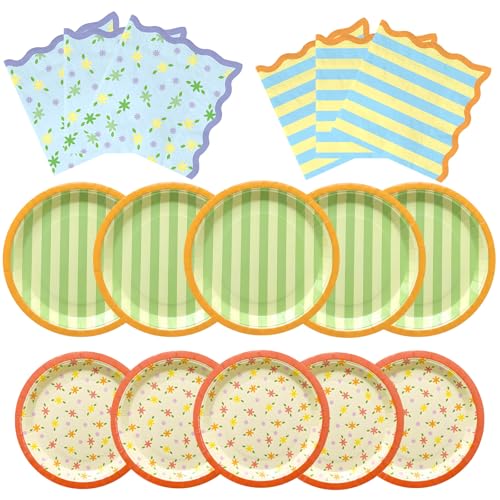 YQUQWN 48Pcs Summer Wavy Floral Stripe Napkins 48Pcs Colorful Striped Paper Plates(24 9 Striped Plates + 24 7 Flowers Plates) for Bachelorette Party Decorations Birthday Party