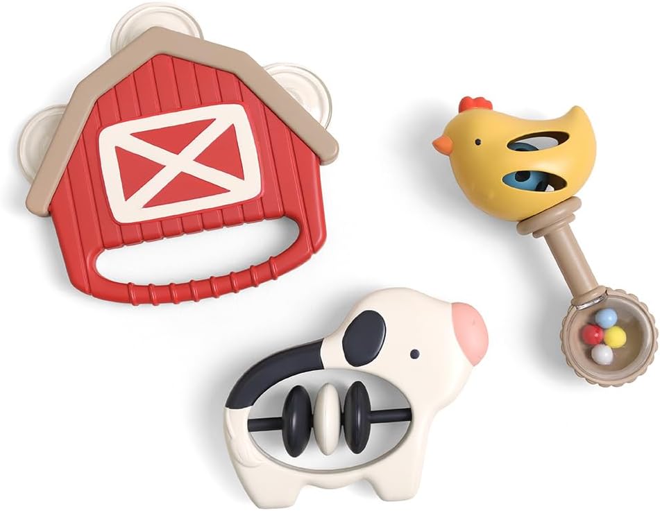 Itzy Ritzy Musical Instrument Toy Set - Gift Set of 3 Sensory Instruments - Tambourine, Clacker Beads & Maraca for Babies & Toddlers - Easy-Grip Handles for Fine Motor & Rhythm Development (Farm)