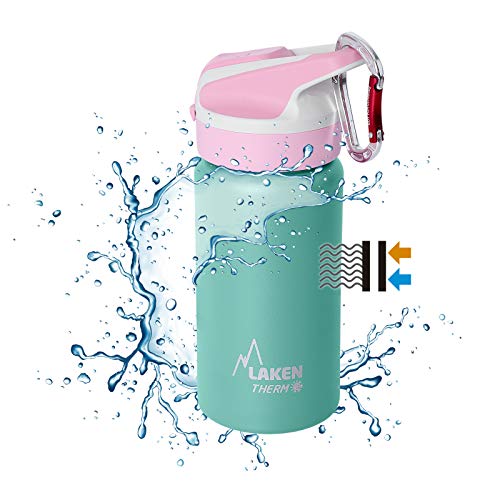 PracticFood Laken Summit thermosfles, roestvrij staal, 0,35 l, dubbelwandig, met karabijnhaak van 6 cm, turquoise