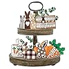 Easter bunny tiered tray decor farmhouse tiered tray decorations happy easter bunny carrots buffalo plaid wooden signs spring rustic rabbit decor for home table mantel church party  urban country home decor