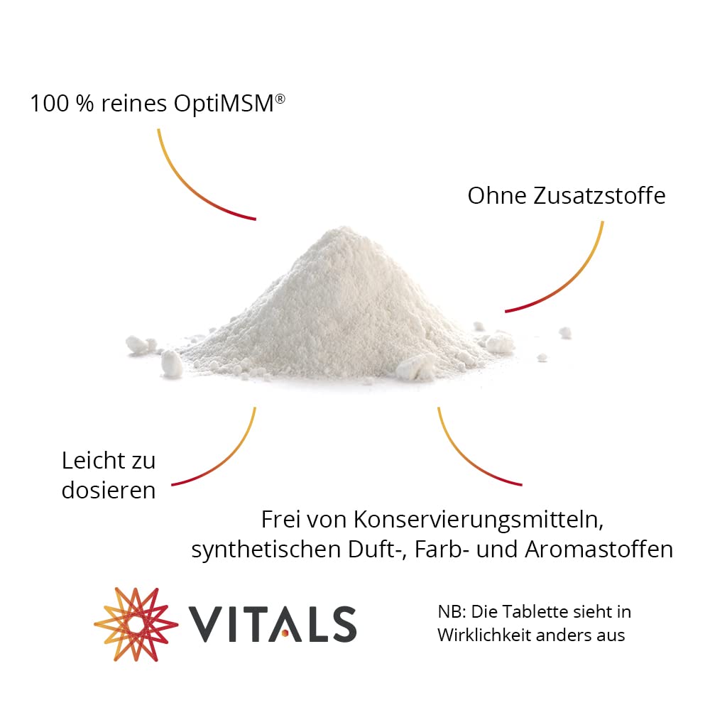 Vitals - MSM Pulver 500 Gramm mit OptiMSM, der reinsten Form von MSM. 100% reines OptiMSM, ohne Zusatzstoffe. 100% Vegan. Am meisten in Wissenschaft und Forschung eingesetzt