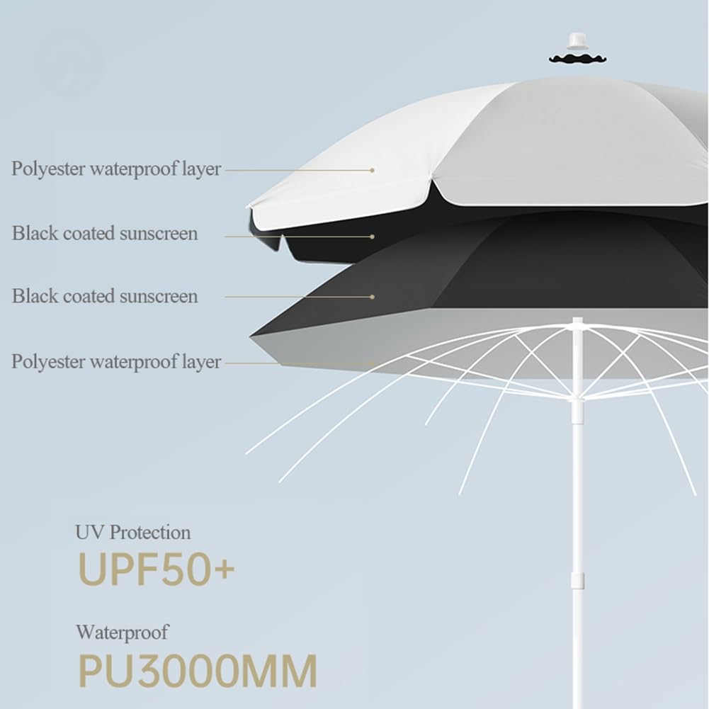 Ombrellone da spiaggia bianco per esterni, ombrellone rotondo portatile con telo impermeabile a 2 livelli, protezione solare 50+ per patio, terrazzo e tavolo.