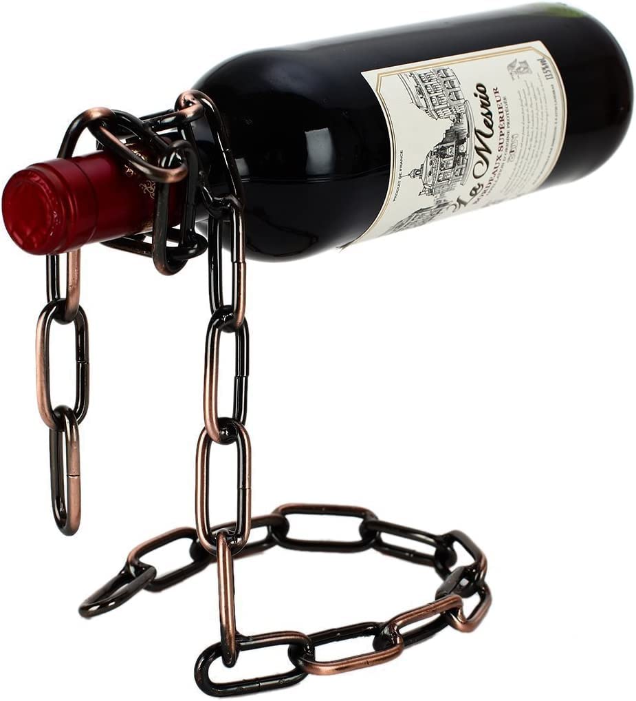 Lavish Craft Suspending Chain Wine Rack Holder, Countertop Free Standing Metal Wine Rack Novelty for Gift Kitchen Home Decoration Modern Design Wine Gifts Tabletop Wine Bottle Holder (Bronze)-image-4