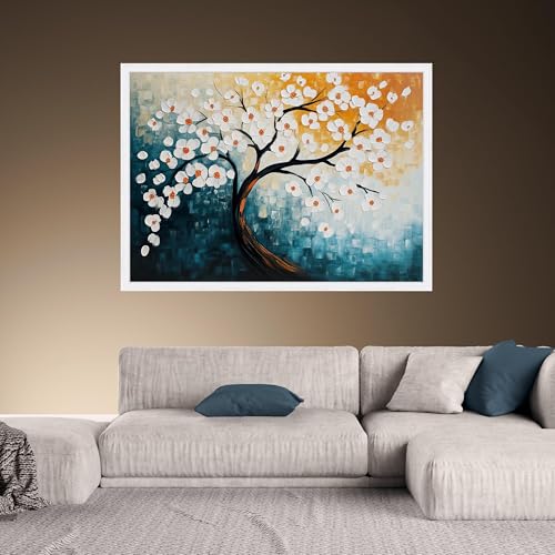 Décoration intérieure moderne style abstrait bleu or avec arbre à fleurs - 3
