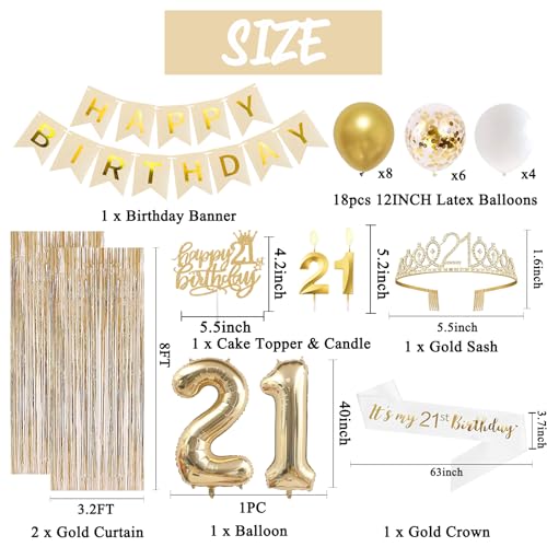 Image of Trgowaul 21st Birthday Decorations for her, Champagne Gold Happy 21st Birthday Supplies for Girls, 21 Sash and Crown, Banner, Fringe Curtains, Cake Topper, 21 Year Old Party Supplies Set
