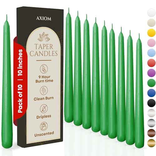 Axiom Candles - 10 Inch Dripless - Unscented Smokeless Tall Candle Sticks - 9 Hour Burn Time - Tapered Candles for Home, Dinners, Weddings, Parties (Green)