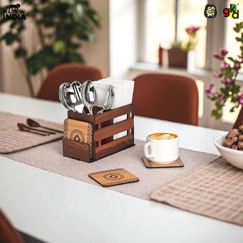 Image of Gift Kya De Wooden Cutlery Holder with 3 Compartments & 4 Designer Coasters | Multipurpose Utensil, Tissue & Spoon Stand | Table Organiser for Home, Kitchen, Office