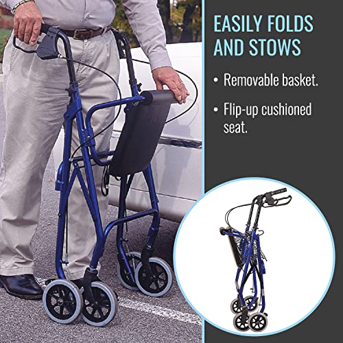 MABIS Rollator Walker, Adjustable Handle Height Folding Walker, Light Weight Aluminum Walker With Basket, Cushioned Seat and Padded Backrest, 23 x 24 x 30.5 Inches, Royal Blue - Thumbnail 4